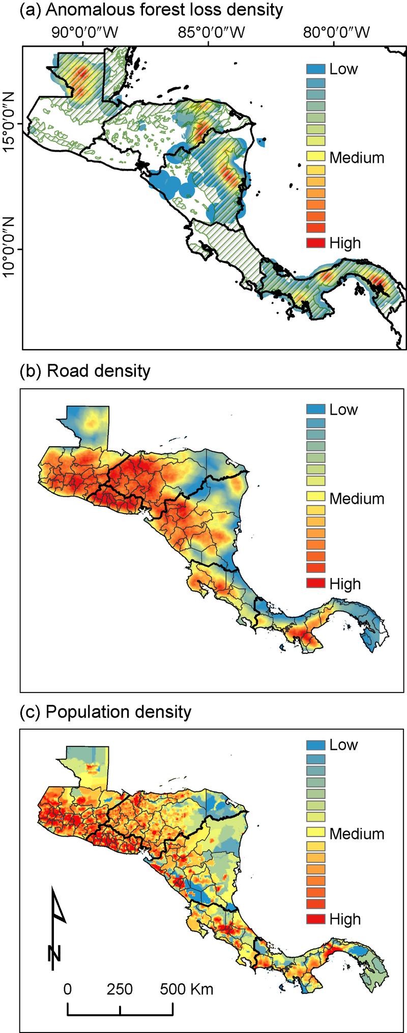 Mapped (a) anomalous forest loss patch density (patches/km2) within moist tropical areas (green hatched area), (b) road density (roads/km2) for department s (grey lines) and (c) human population density (humans/km2) in Central America. Patch density estimates considers all forest loss patches classed as anomalous for Guatemala, Honduras, Nicaragua, and Panamá.